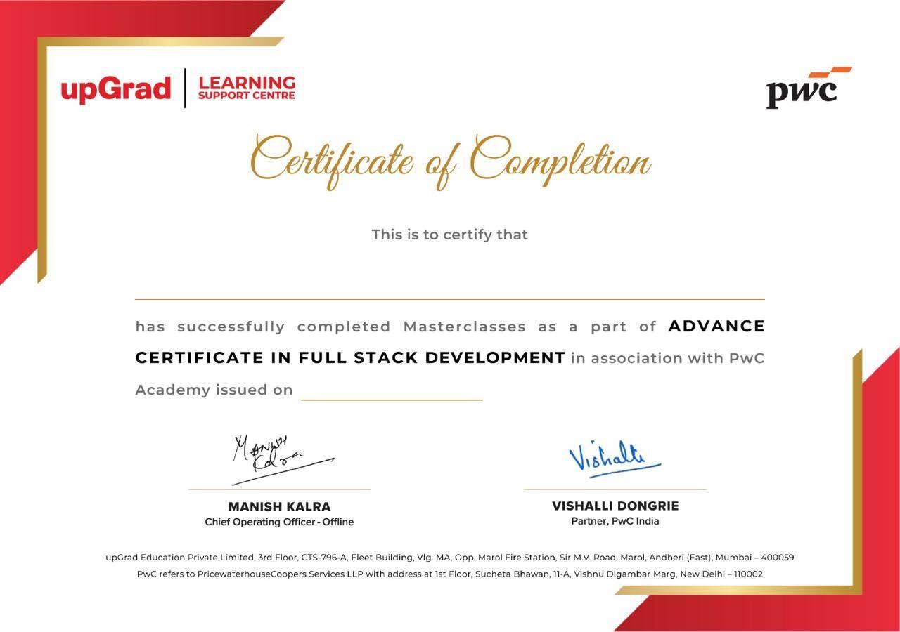 Advanced Certificate in Full Stack Development | upGrad